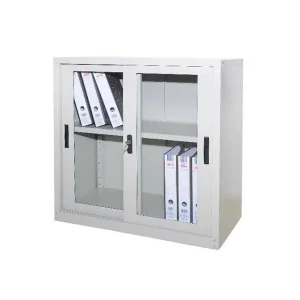 S110 Half Height Cupboard, steel cabinet with glass sliding door and adjustable shelf.