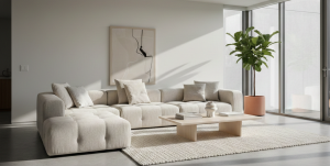 Modern living room featuring a modular tofu sofa with deep cushions and minimalist design, showcasing why the tofu sofa is ideal for contemporary homes.