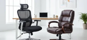 Comparison of ergonomic mesh chair and traditional desk chair in a modern office setup, highlighting comfort, support, and adjustability features.
