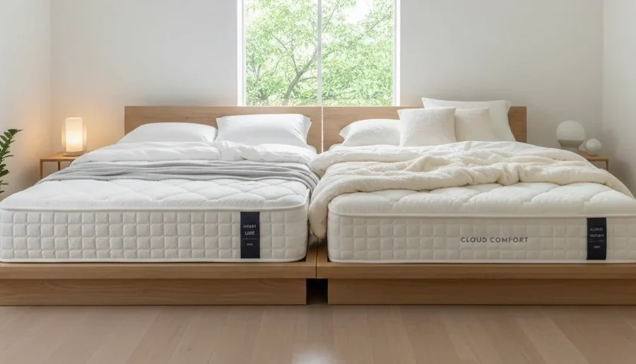 Comparison of two modern mattresses: a natural latex pillow-top mattress with medium-firm support and a plush pocket spring mattress with soft cushioning, both featuring ice-cool fabric in a bright minimalist bedroom.